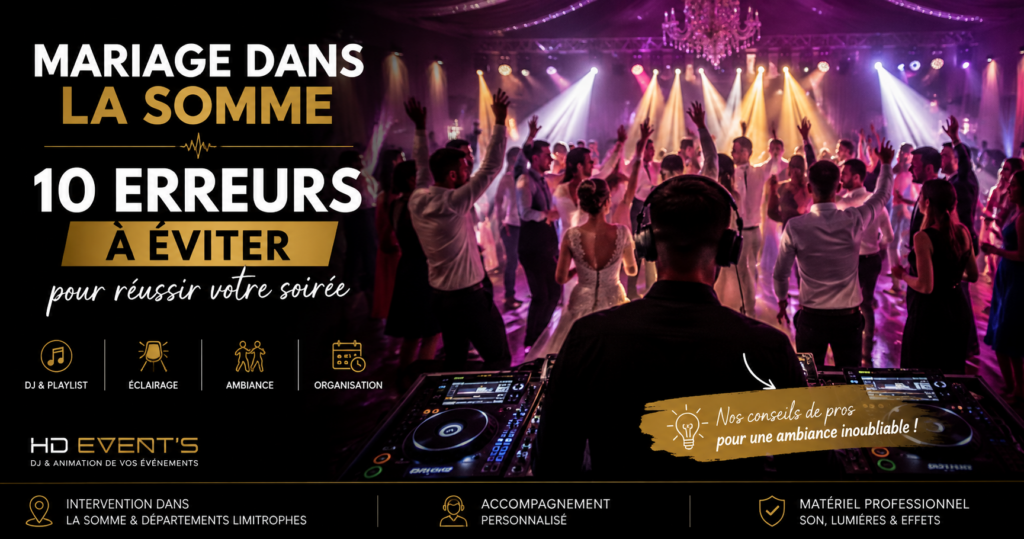 DJ mariage dans la Somme : 10 erreurs à éviter pour réussir sa soirée 1 DJ mariage Somme erreurs à éviter – ambiance et éclairage de soirée